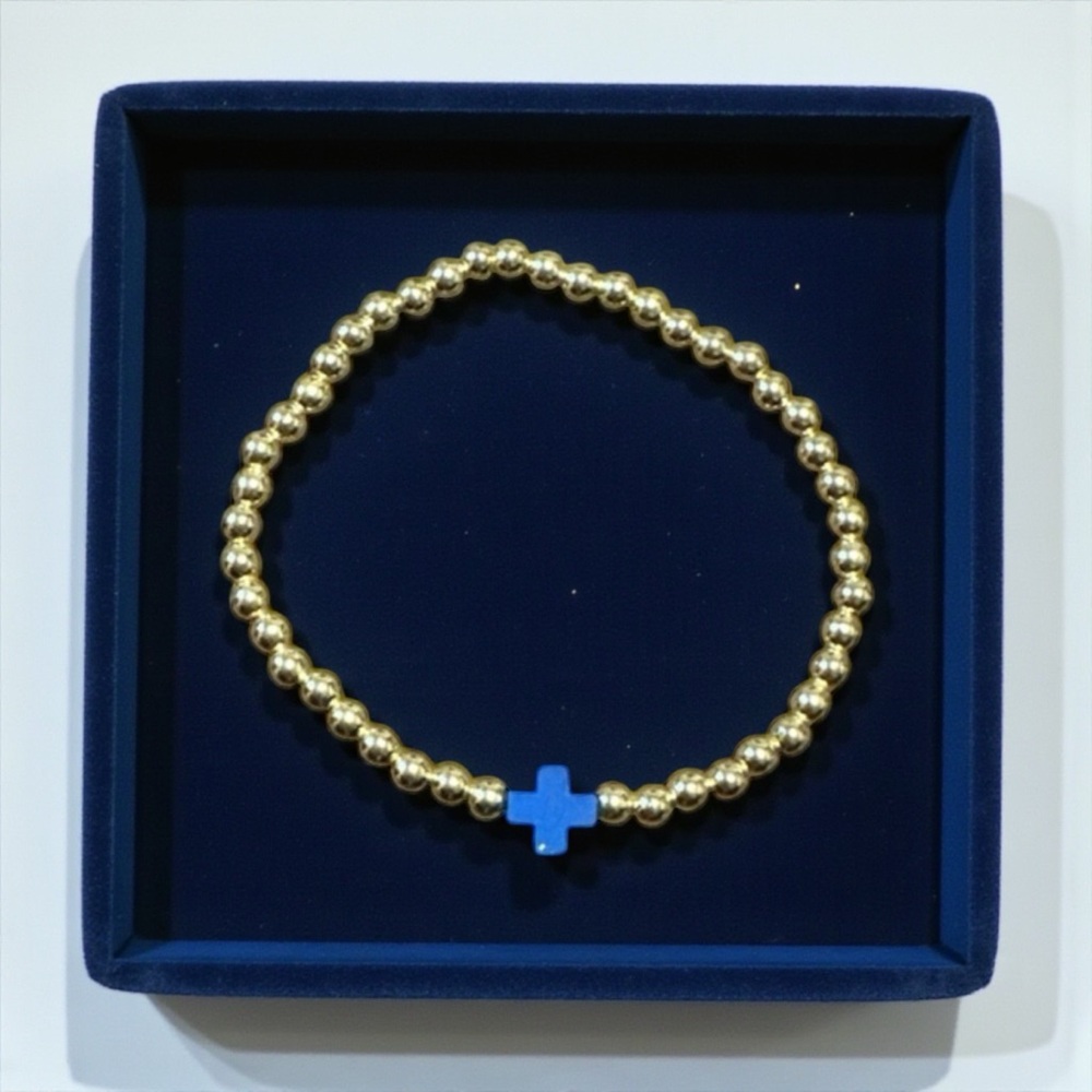 Gold Beaded Bracelet with Blue Cross Charm